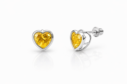 14K Solid White Gold Heart Birthstone Stud Earrings 6MM X 6MM