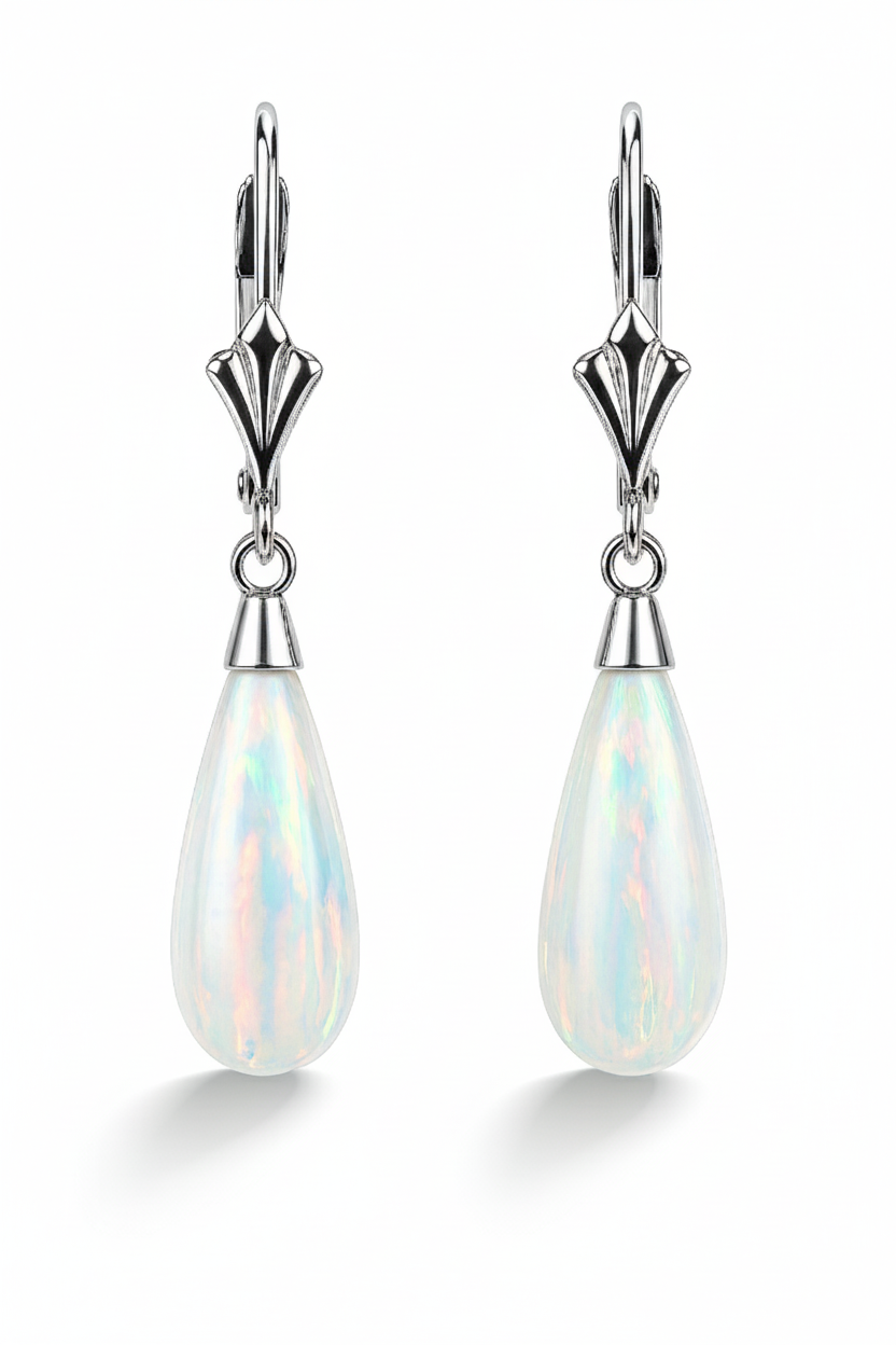 14k-Yellow and White Gold  Dangle White Opal Leverback Earrings