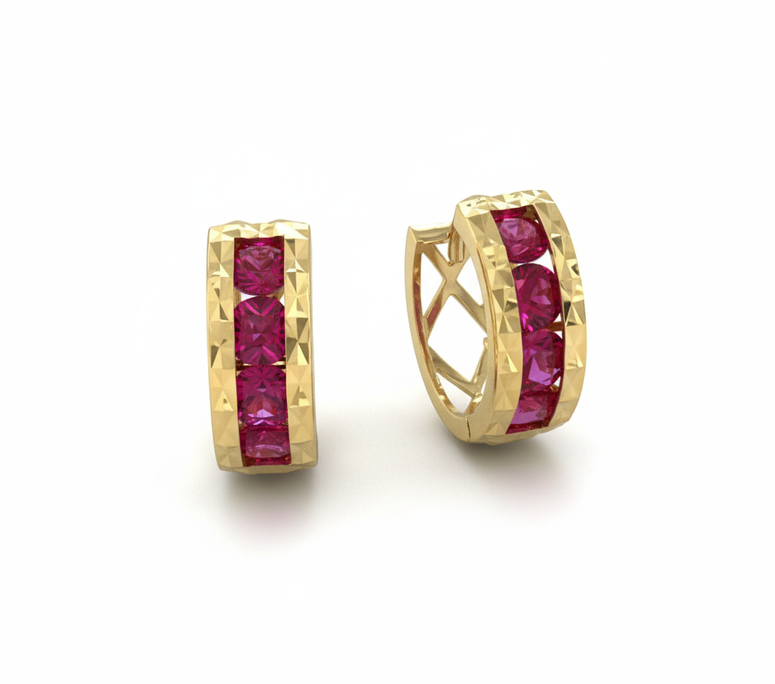 14k Yellow Gold Diamond Cut with Birthstone Huggie Earrings