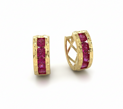 14k Yellow Gold Diamond Cut with Birthstone Huggie Earrings