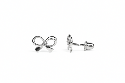 14k Yellow & White Gold CZ Cute Bow Tie Screw Back Stud Earring for Girls & Kids