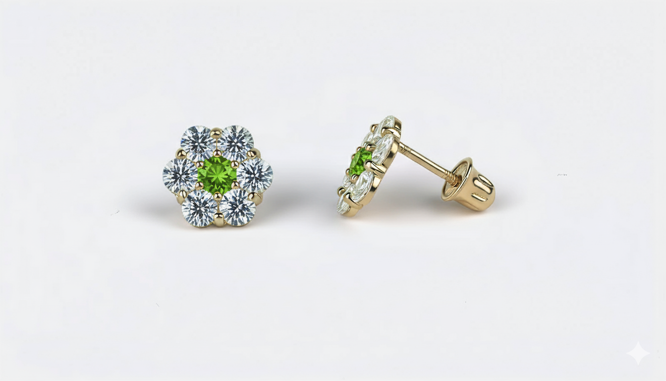 14K Yellow Gold Beautiful Flower CZ Stud Earrings for Women