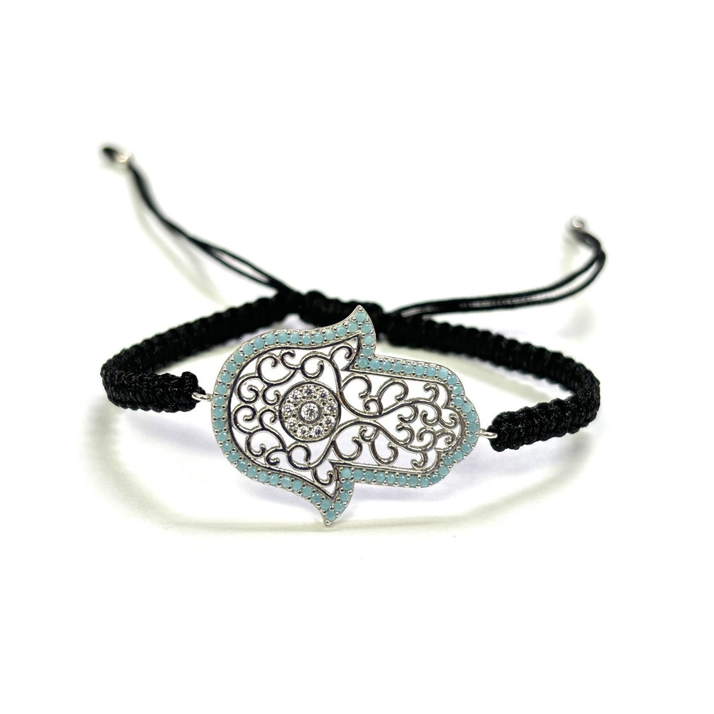 925 Sterling Silver  C Z Hamsa Bracelet 6" Adjustable to 11"