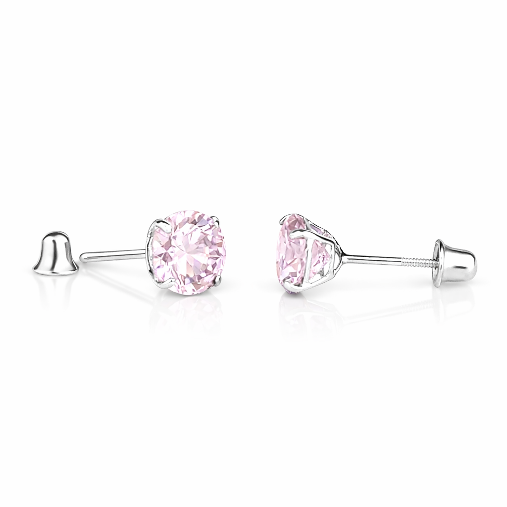 14K Solid White Gold 6mm Round Birthstone Stud Earrings with screw back