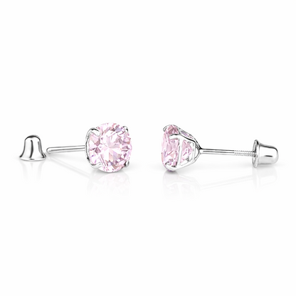 14K Solid White Gold 6mm Round Birthstone Stud Earrings with screw back