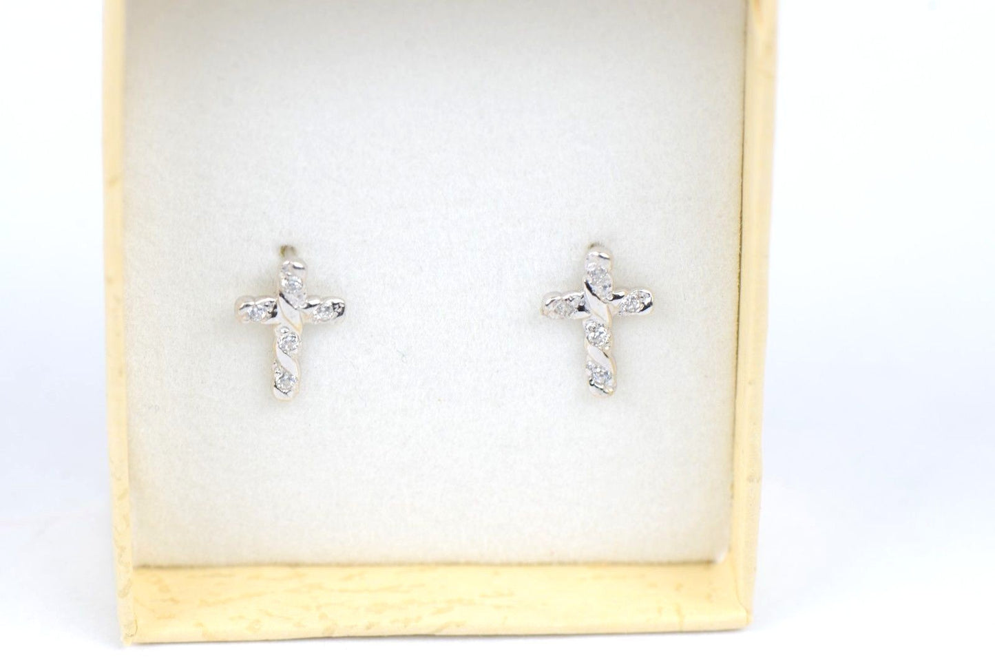 14K Yellow White Gold Cubic Zirconia CZ Cross Earrings