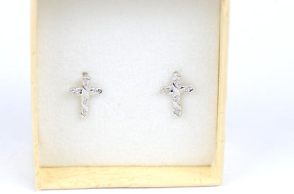 14K Yellow White Gold Cubic Zirconia CZ Cross Earrings