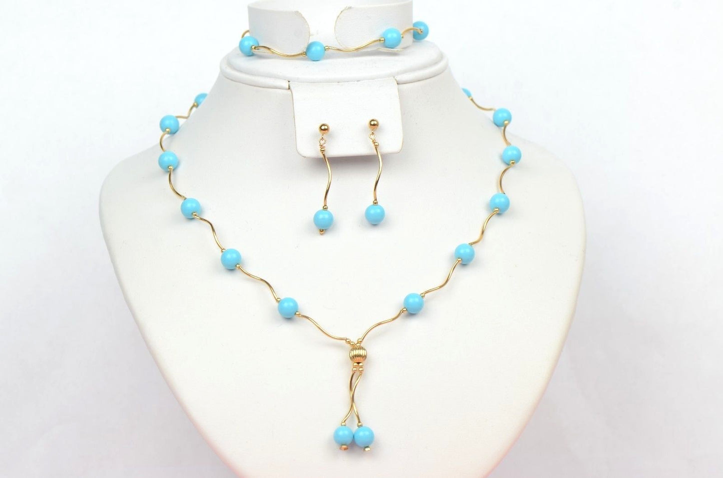 14k Yellow Gold Turquoise beads 3pcs Set: Necklace, Bracelet, Earrings