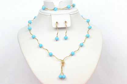 14k Yellow Gold Turquoise beads 3pcs Set: Necklace, Bracelet, Earrings