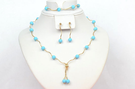 14k Yellow Gold Turquoise beads 3pcs Set: Necklace, Bracelet, Earrings