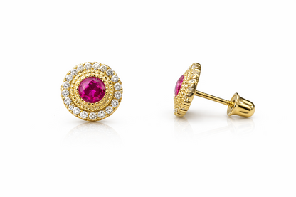 14k Yellow/White Round Halo Stud Earrings Screwback