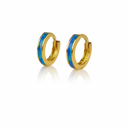 14k Yellow Gold One Row Dark Blue Opal Huggie Hoop Earrings
