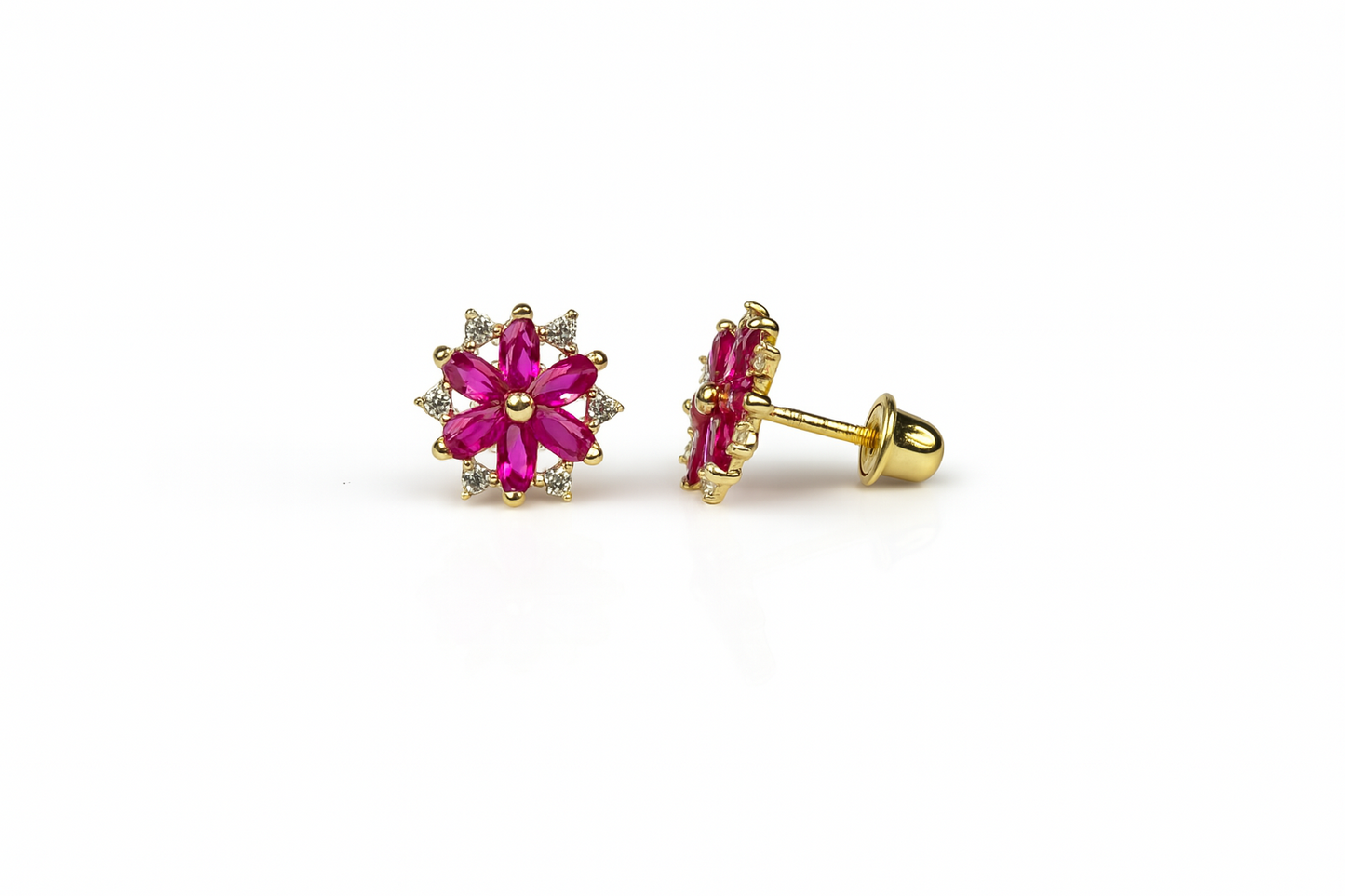 14K  Yellow Gold Beautiful CZ Flower Stud Earrings for Women