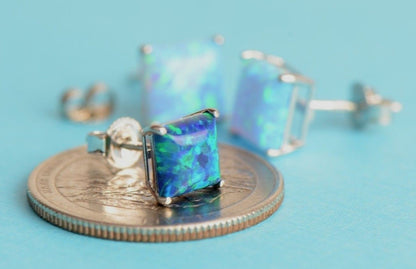925 Sterling Silver Square Opal stud Earrings