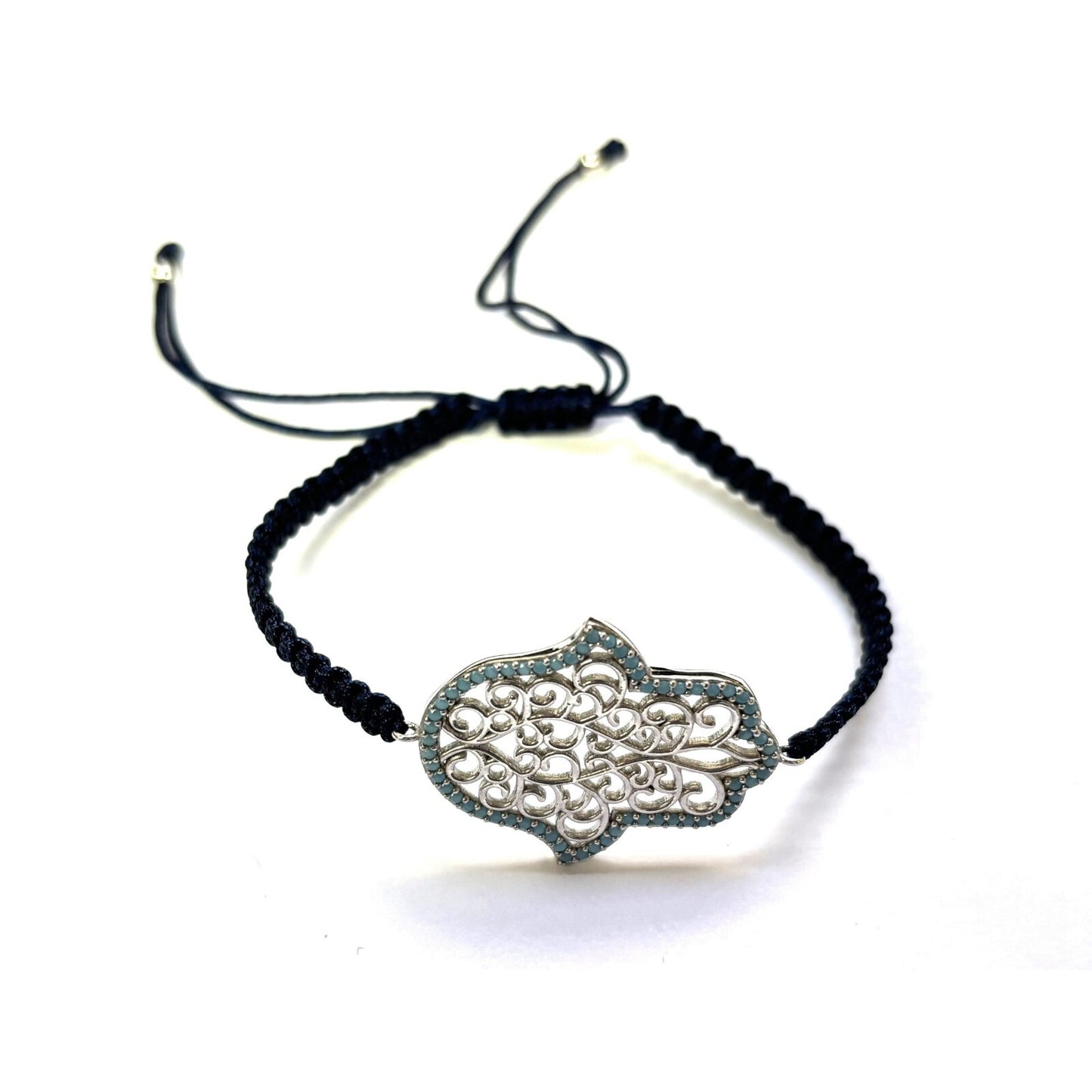 925 Sterling Silver  C Z Hamsa Bracelet 6" Adjustable to 11"