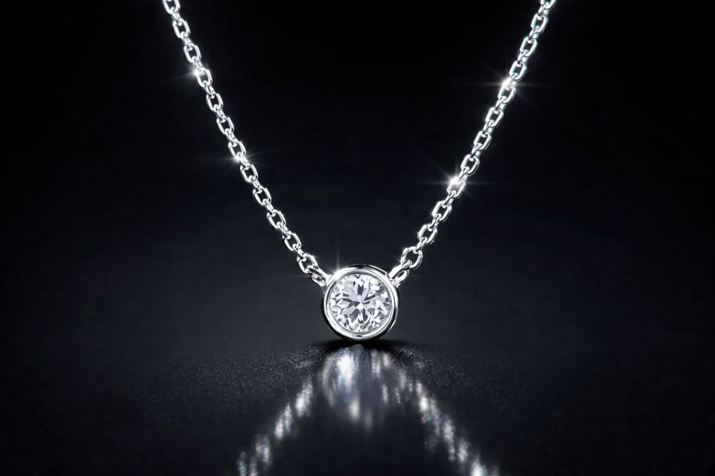 Round Solitaire Pendant Necklace Bezel Set Chain 14K Yellow/White/Rose Gold