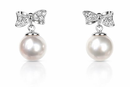 14k yellow white gold bow tie pearl cz stud earring freshwater