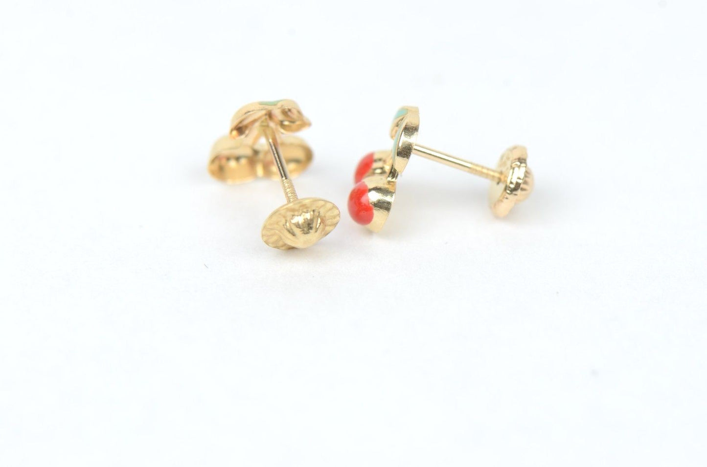 14k Yellow Gold Red and Green Enamel Cherry Baby Earrings, Screw Back