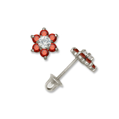 14k White Gold CZ Flower Birthstone Stud Screw Back Earrings