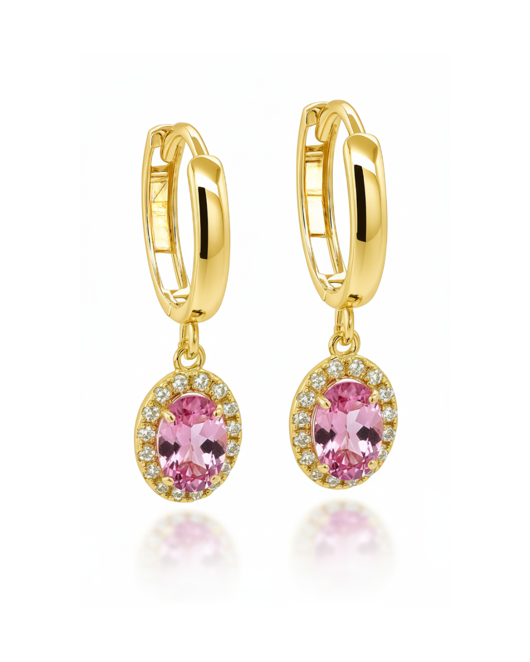 14k Yellow Gold Halo Oval Shaped Birthstone Huggie Earrings for Women