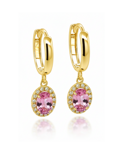 14k Yellow Gold Halo Oval Shaped Birthstone Huggie Earrings for Women