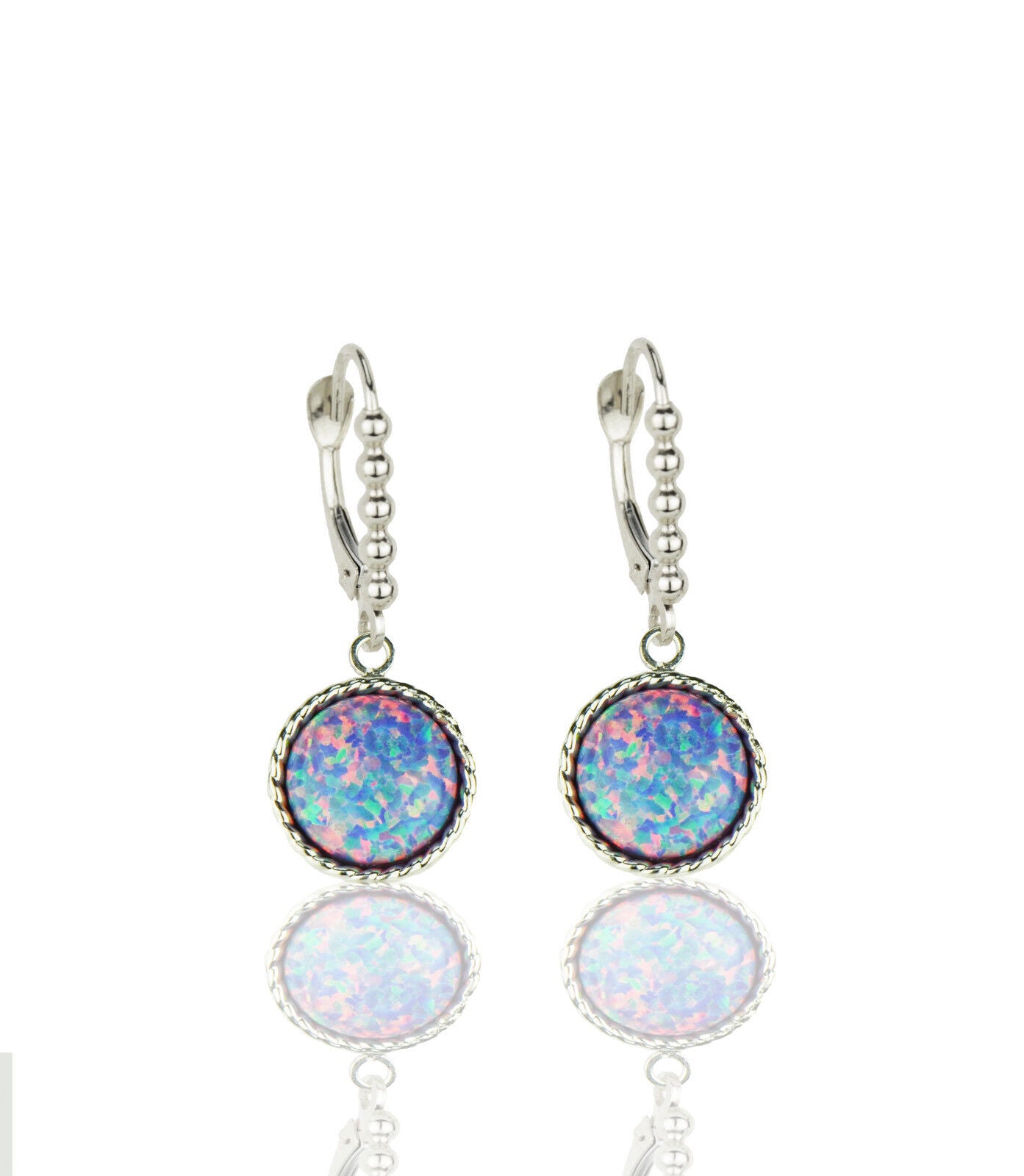 14k White Gold Opal Flat Dangle Leverback Earrings