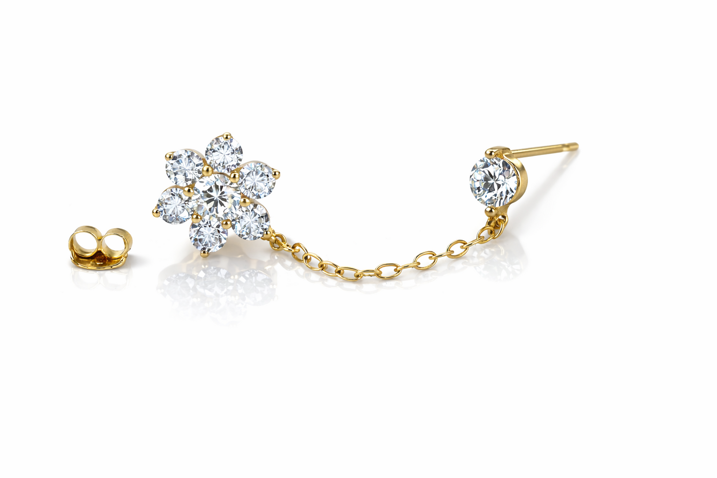 14k Yellow Gold Flower CZ Stud Earrings with chain Push back