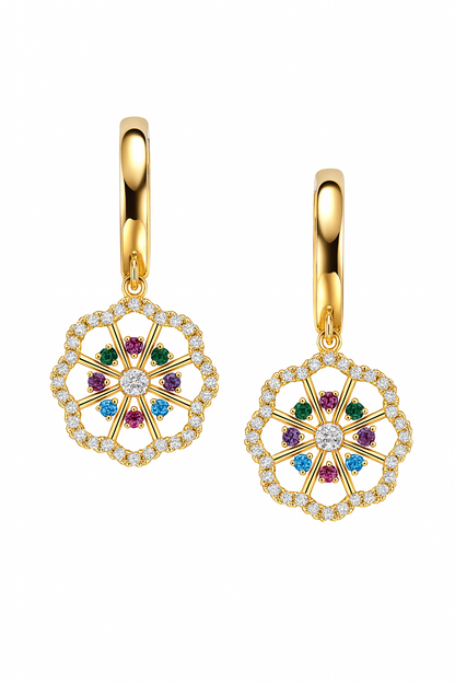14k Yellow White Gold Dangle CZ Flower Huggie Earrings