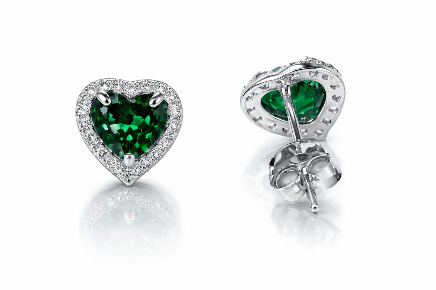 14k Solid White Gold Halo Heart Stud Earrings
