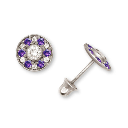 14K Yellow & White Gold Round Shaped Beautiful CZ Earrings for Girls
