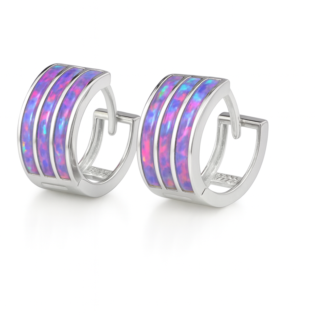 14k White Gold Triple Row Purple Opal Huggie Hoop Earrings