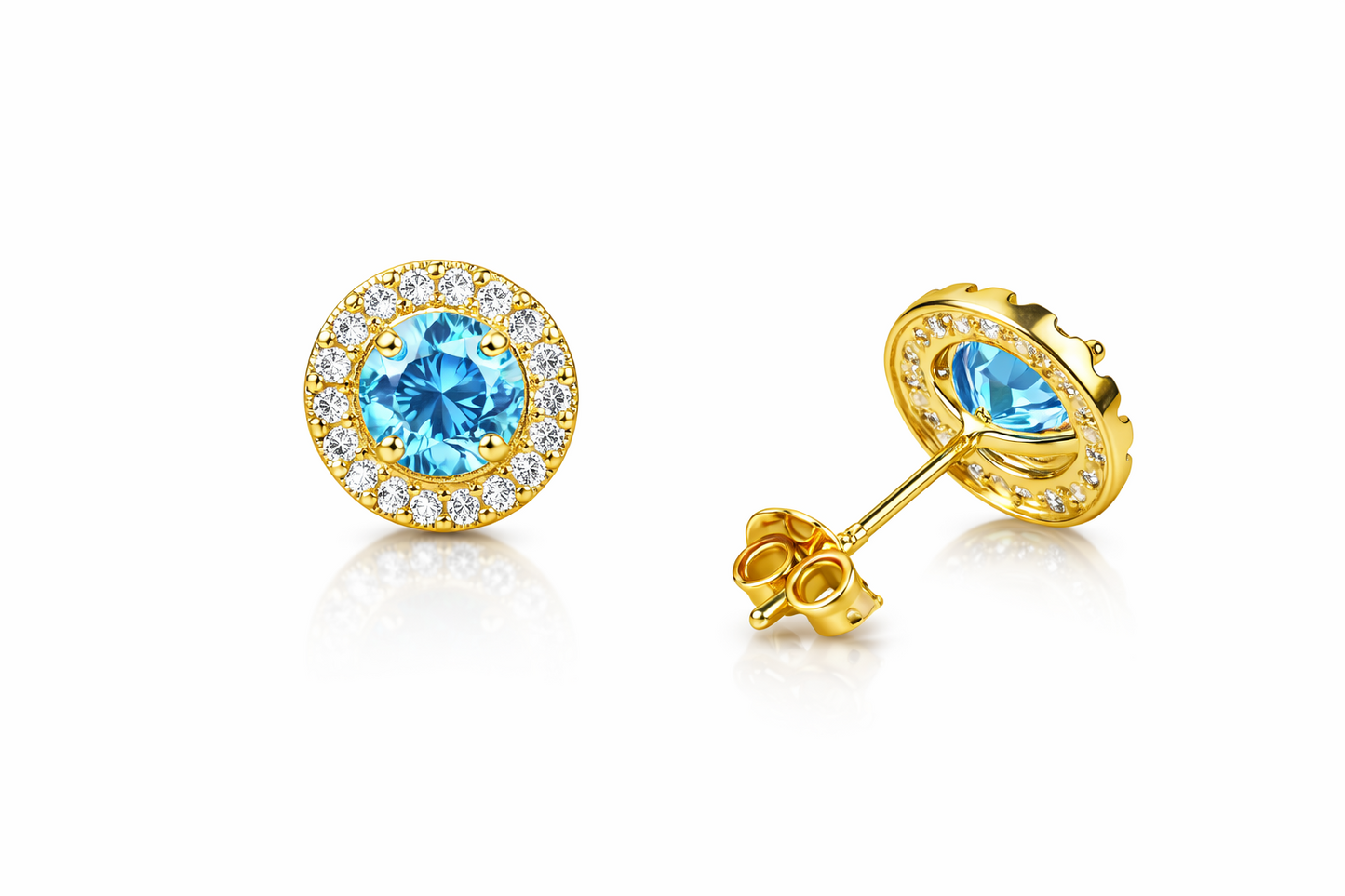 14k Yellow Gold Halo Stud Earrings with Push Back