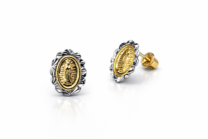 14K Gold Guadalupe Virgin Mary Screw Back Stud Earrings Multi-tone