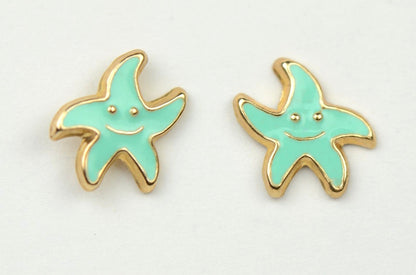14k Yellow Gold Enamel Starfish Baby earrings with Screw Back