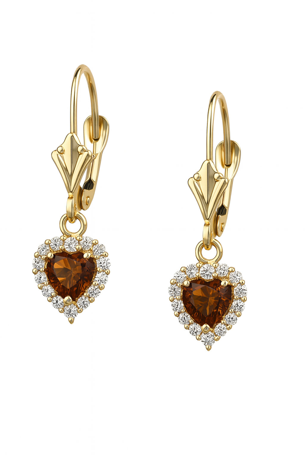 14k White Gold Halo Dangle Heart Leverback Pierced Earrings Birthstone