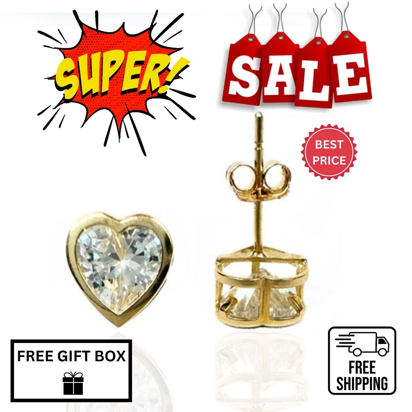 14K Gold Heart Shape Push Back Stud Earrings with CZ