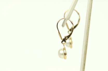 14k Yellow Gold Genuine White Natural Pearl Dangle Earrings