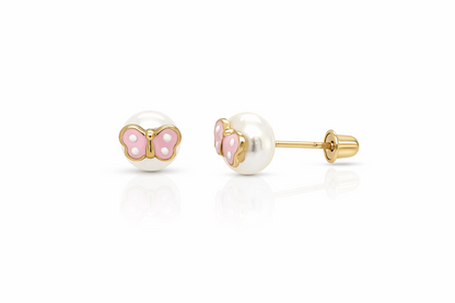 14k Yellow Gold Enamel Butterfly With Genuine Pearl Screw Back Stud Earrings