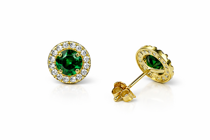 14k Yellow Gold Halo Stud Earrings with Push Back