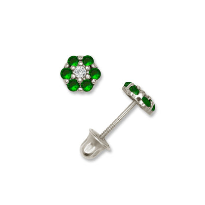 14K Yellow & White Gold Beautiful CZ Flower Stud Earrings for  Girls