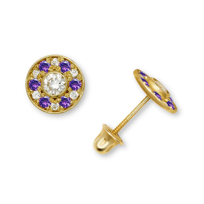14K Yellow & White Gold Round Shaped Beautiful CZ Earrings for Girls