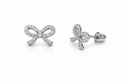 14k Solid White or Yellow Gold Bow Tie Stud Screw Back Earrings with CZ