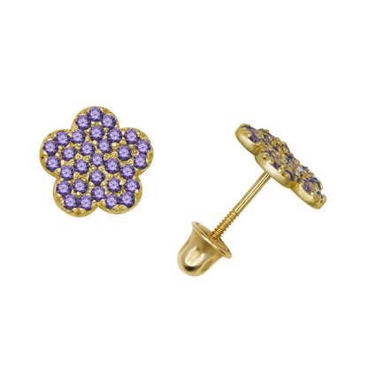 14k Yellow or White Gold CZ Flower Birthstone Stud Screw Back Earrings