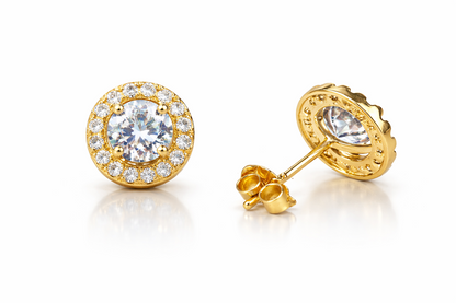 14K Solid Yellow Gold Halo Stud Push Back Earrings
