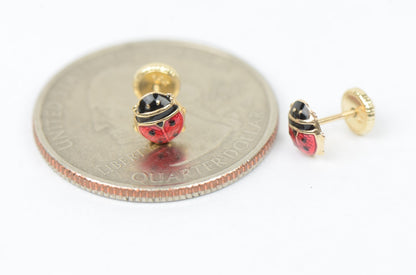 14k Yellow Gold Red and Black Enamel Lady Bug Baby earrings, Screw Back
