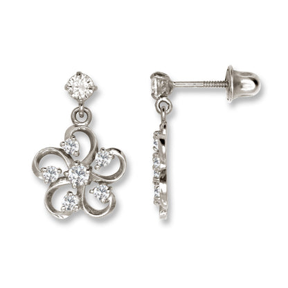 14K Yellow & White Gold Flower Screw Back Dangle Earrings for Women