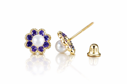 14k Yellow and White Gold Flower CZ Stud Earrings White Pearl with Screw Back