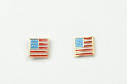 14K Yellow Gold American Flag Stud Earrings with Enamel