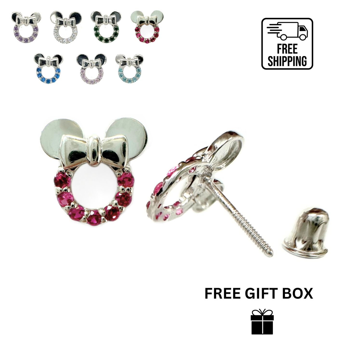 14K White Gold Miss Mouse Earrings Screw Back