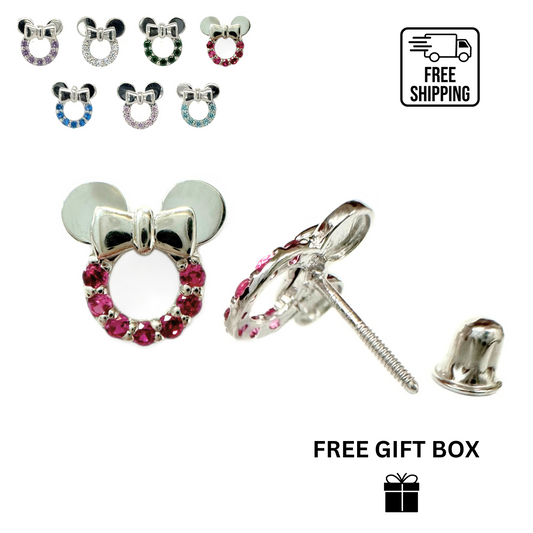 14K White Gold Miss Mouse Earrings Screw Back